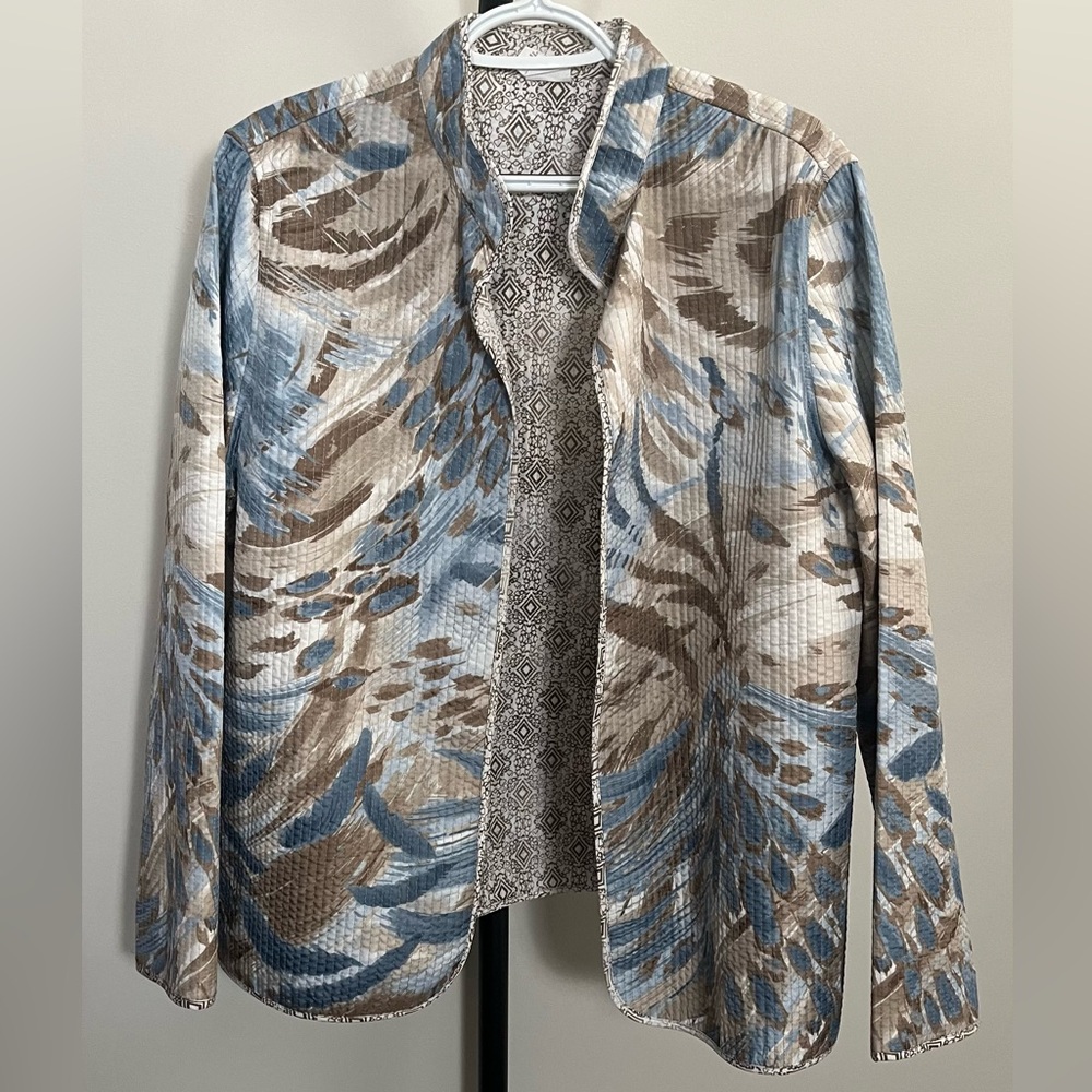 Alfred Dunner Blue and Brown Abstract Blazer Quilted Jacket Size 14 / Large